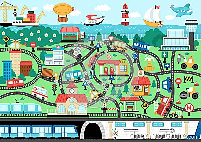 City transport map. Background with land, underground, water and air transport. Vector infographic elements with train, cars, tram Vector Illustration