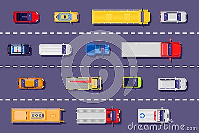 City transport on the road, top view illustration. Vector flat vehicle icons on asphalt background Vector Illustration
