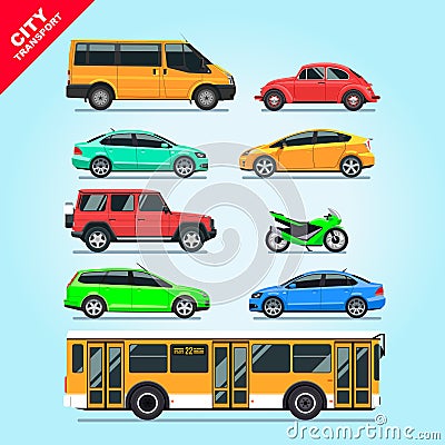 City transport set flat isolated cars, motorcycle, van, bus, taxi on blue background illustration. Cartoon Illustration