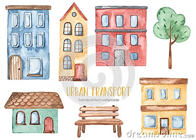 City transport watercolor houses, bench, tree, low-rise building, high-rise building Stock Photo