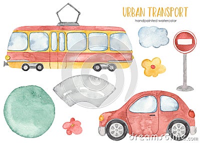 City transport watercolor with tram, car, road, traffic sign, flower bed, flowers Stock Photo