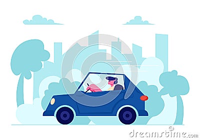 City Transportation, Traffic, Route, Man Dweller Driving Car on Urban Cityscape Background, Transport on Speedway Vector Illustration