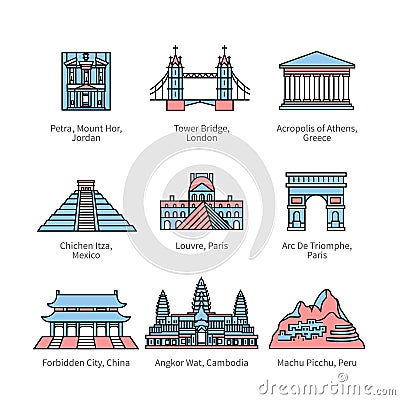 City travel landmarks of Europe, Asia and America Vector Illustration