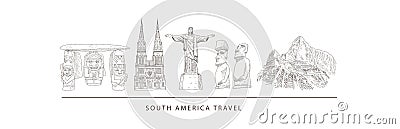 City travel landmarks, tourist attraction in various places of South America. Vector Illustration