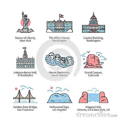 City travel landmarks of United States of America Vector Illustration