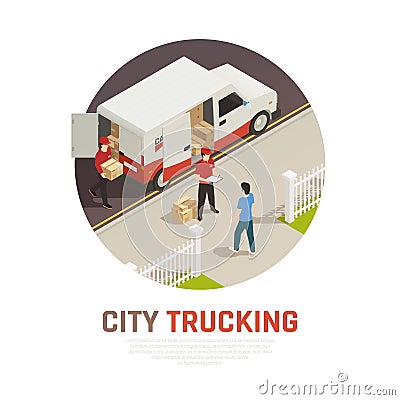 City Trucking Isometric Round Composition Vector Illustration