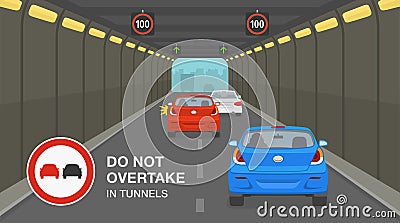 City tunnel restrictions. Red car is passing other vehicle in high-speed tunnel. No overtaking in tunnels traffic sign. Vector Illustration