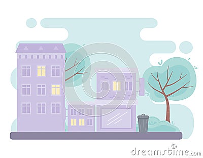 City urban street buildings commercial residential structure design Vector Illustration