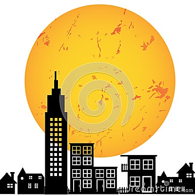 city urban sunset sunrise moon silhouette Vector Illustration