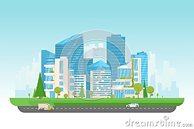 Modern city with cars Vector Illustration