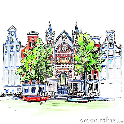 City view of Amsterdam canal, houses and church Stock Photo