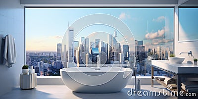 City view behind panoramic window and white bath tub against it.Interior design of modern bathroom Stock Photo