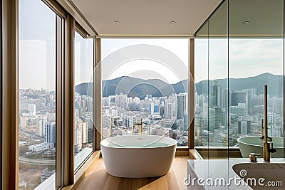 City view behind panoramic window and white bath tub against it.Interior design of modern bathroom. Created with generative AI Stock Photo