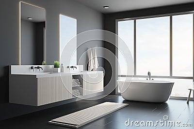 City view from big window in modern style interior design bathroom with white bath, dark wall and mirrors with sinks for two Stock Photo