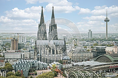 city view of cologne with cathedral, main station and museum ludwig in the foreground Stock Photo