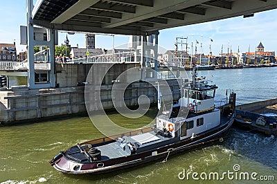 City view Kampen with river traffic and lift bridge Editorial Stock Photo