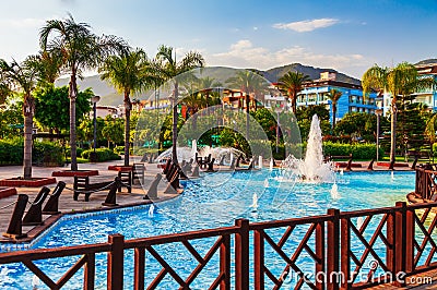 City view near Cleopatra in Alanya peninsula, Antalya district, Turkey. Beautiful sunny landscape for tourism with fountain and Stock Photo