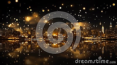 City view night time with golden lighting effect sparkle on black background. Stock Photo