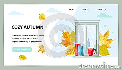 City view window with hot drink mug, books and falled leaves Vector Illustration