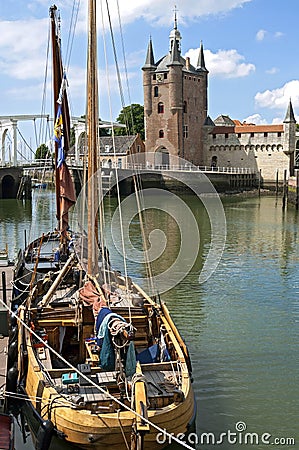 City view Zierikzee with city gate and sailing ship Editorial Stock Photo