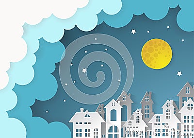 City Village with full moon and urban Vector Illustration