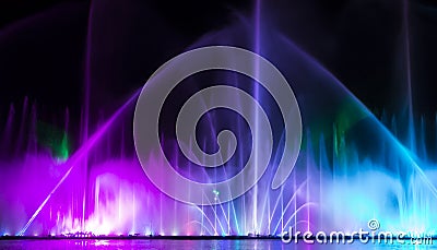 The city of Vinnytsia is a waterfront near the Roshen plant, in the evenings the fountain shows a laser show for Stock Photo