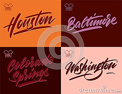 City vintage grange inscription. Houston, Baltimore, Colorado Springs, Washington Vector illustration Stock Photo