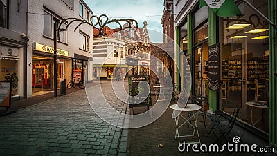 Vlissingen, Zeeland, Holland/Netherlands - November 2017: Decorated shops and Dutch houses and trees during Christmas Editorial Stock Photo