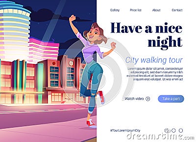 City walking tour, vacation with night walks Vector Illustration