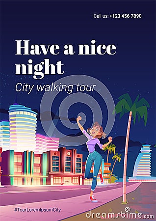 City walking tour, vacation with night walks flyer Vector Illustration