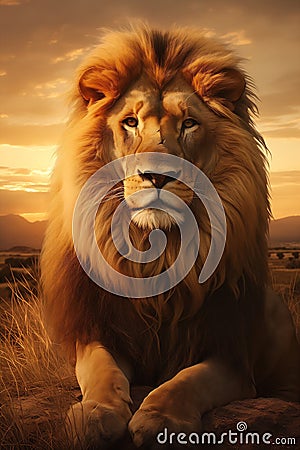 City Warrior: A Lion's Portrait Against a Sunset Rock Field, Ins Stock Photo