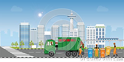 City waste recycling concept with garbage truck and garbage collector on city view background Vector Illustration
