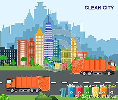 City waste recycling concept with garbage truck Vector Illustration