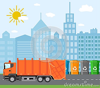 City waste recycling concept with garbage truck Vector Illustration