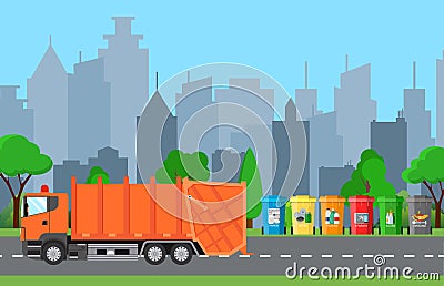 City waste recycling concept with garbage truck Vector Illustration