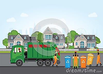 City waste recycling concept with garbage truck and garbage coll Vector Illustration