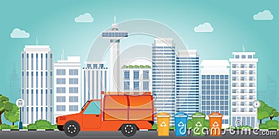 City waste recycling concept with garbage truck on modern building Vector Illustration