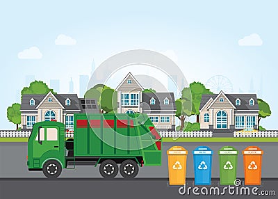 City waste recycling concept with garbage truck. Vector Illustration