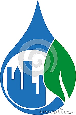 City, water drops and leaf, eco city and ecology logo, ecology logo Stock Photo