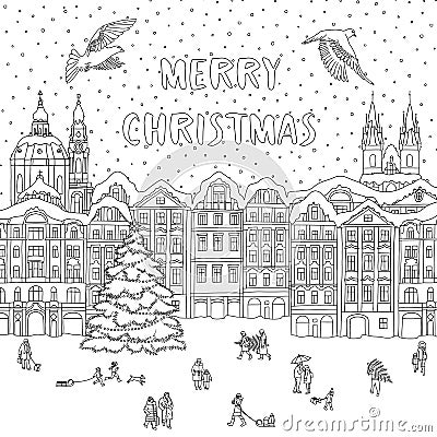 City in winter at Christmas time Vector Illustration