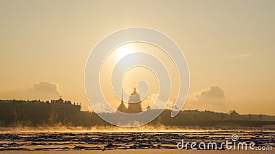 City winter landscape. Winter Saint-Petersburg. Frosty day on the river Neva. Winter Russia. Stock Photo