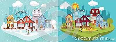 City in Winter and Summer Vector Illustration