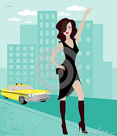 City Woman Hailing a Cab Vector Illustration