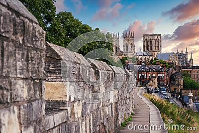 The city of York, its medieval wall and the York Minster at sunset Stock Photo