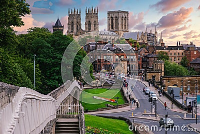 The city of York, its medieval wall and the York Minster at sunset Editorial Stock Photo