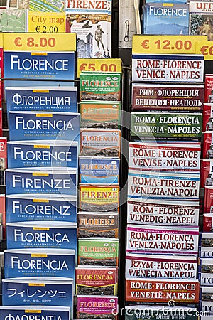 Cityguide tourist books at stand, Florence, Italy Editorial Stock Photo