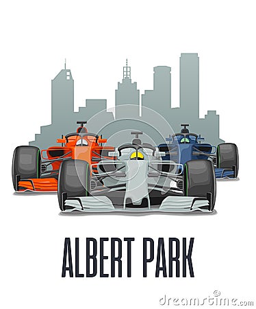 Cityline Melbourne and three racing cars on Grand Prix Australia. Vector Illustration