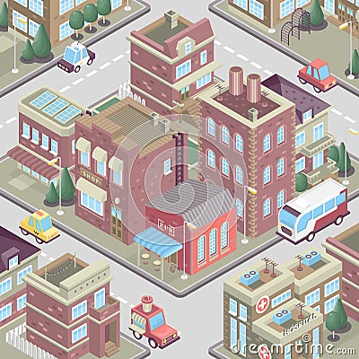 City district in isometric 3d style. Vector town. Set of buildings, houses, townhouses, multi-family homes, shop, bar, school, hos Vector Illustration