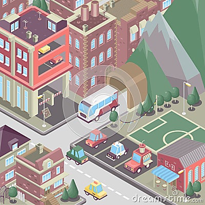 City district in isometric 3d style. Modern town. Set of buildings, houses, townhouses, multi-family homes, shop, bar, school, hos Vector Illustration