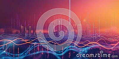 Cityscape with abstract wave line design and gradient connection lines. Futuristic concept of big data technology and Stock Photo